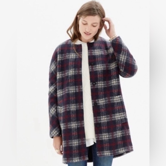 Madewell Navy and Red Brushed Plaid Soft Wool Blend Woman’s Estate Coat Size 10 - Picture 1 of 12